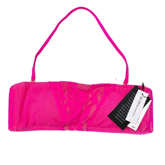 BCBGeneration Bikini Top Neon Lights Hot Pink Mesh Lace Bandeau Halter S… - Picture 1 of 9